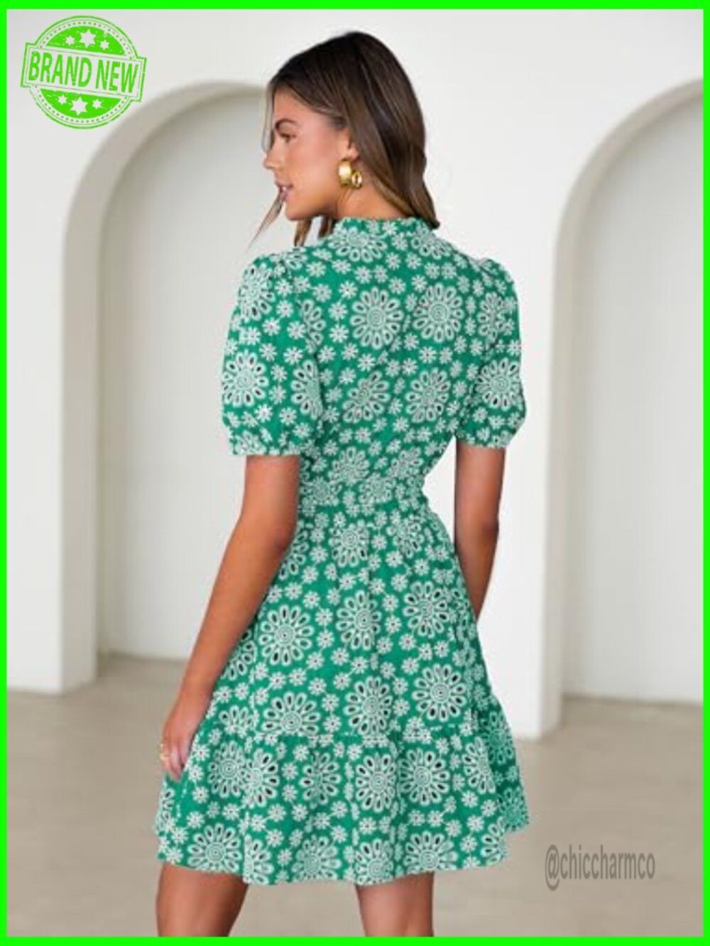 Women's Eyelet Lace Mini Dress V-Neck Puff Sleeve Boho - Picture 3 of 7